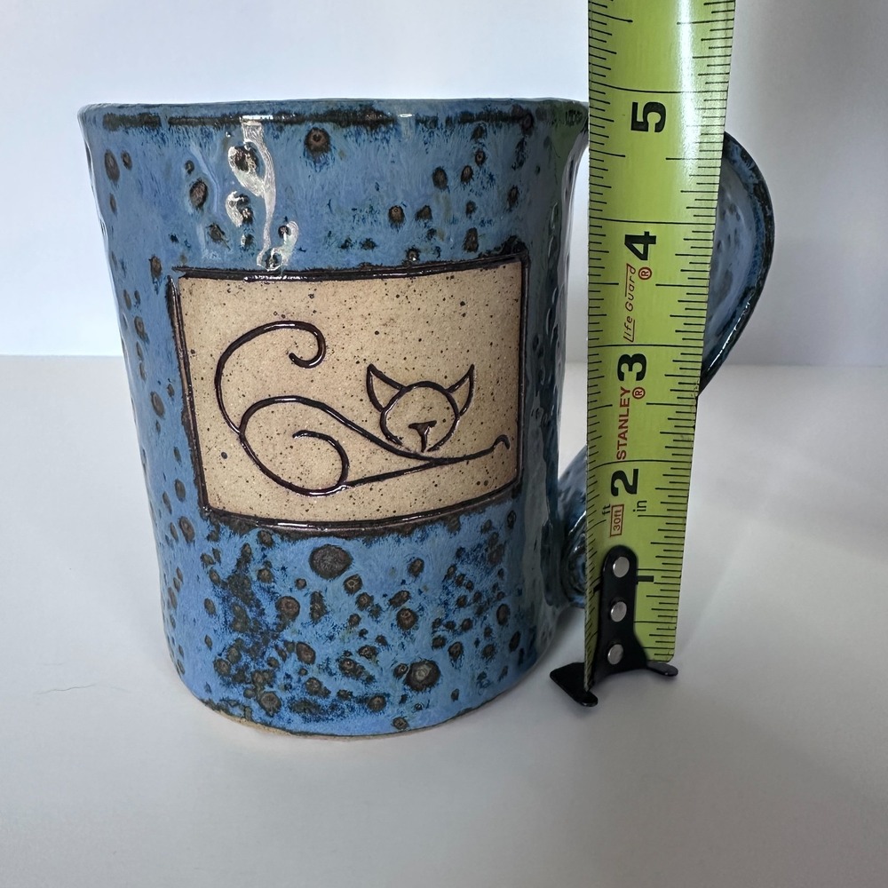 Cat Kitty Coffee Mug Blue Speckles Curved Handle Pottery Handmade - Picture 5 of 6